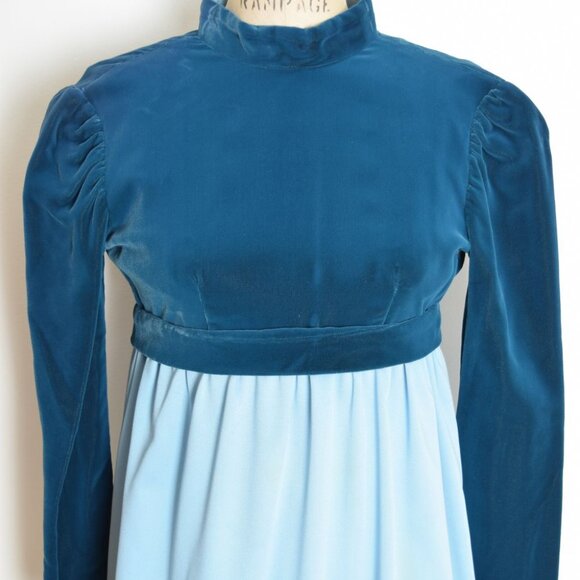 vintage 60s dress blue satin velvet Juliet babydoll empire regency puff maxi XS - Picture 3 of 8